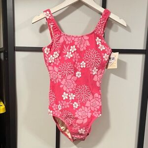 Vintage 90s Y2K L.L.Bean Pink White Floral Square Neck One Piece Swimsuit SZ 12